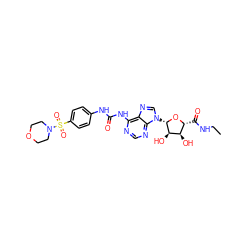 CCNC(=O)[C@H]1O[C@@H](n2cnc3c(NC(=O)Nc4ccc(S(=O)(=O)N5CCOCC5)cc4)ncnc32)[C@H](O)[C@@H]1O ZINC000049774279