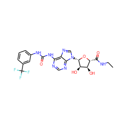 CCNC(=O)[C@H]1O[C@@H](n2cnc3c(NC(=O)Nc4cccc(C(F)(F)F)c4)ncnc32)[C@H](O)[C@@H]1O ZINC000012405926