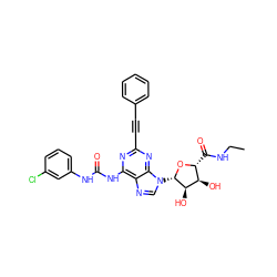 CCNC(=O)[C@H]1O[C@@H](n2cnc3c(NC(=O)Nc4cccc(Cl)c4)nc(C#Cc4ccccc4)nc32)[C@H](O)[C@@H]1O ZINC000028571747