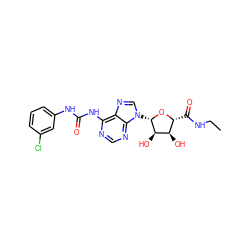 CCNC(=O)[C@H]1O[C@@H](n2cnc3c(NC(=O)Nc4cccc(Cl)c4)ncnc32)[C@H](O)[C@@H]1O ZINC000012405935