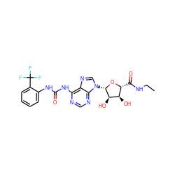 CCNC(=O)[C@H]1O[C@@H](n2cnc3c(NC(=O)Nc4ccccc4C(F)(F)F)ncnc32)[C@H](O)[C@@H]1O ZINC000012405925