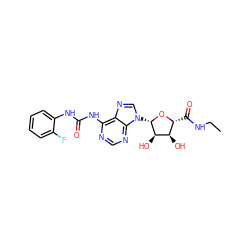 CCNC(=O)[C@H]1O[C@@H](n2cnc3c(NC(=O)Nc4ccccc4F)ncnc32)[C@H](O)[C@@H]1O ZINC000012405928