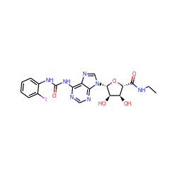 CCNC(=O)[C@H]1O[C@@H](n2cnc3c(NC(=O)Nc4ccccc4I)ncnc32)[C@H](O)[C@@H]1O ZINC000012405937