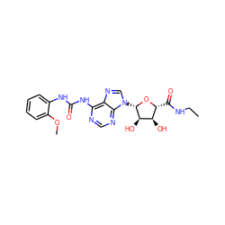 CCNC(=O)[C@H]1O[C@@H](n2cnc3c(NC(=O)Nc4ccccc4OC)ncnc32)[C@H](O)[C@@H]1O ZINC000012405931