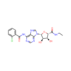 CCNC(=O)[C@H]1O[C@@H](n2cnc3c(NC(=O)c4ccccc4Cl)ncnc32)[C@H](O)[C@@H]1O ZINC000013780801