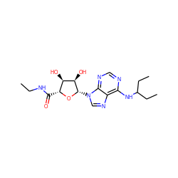 CCNC(=O)[C@H]1O[C@@H](n2cnc3c(NC(CC)CC)ncnc32)[C@H](O)[C@@H]1O ZINC000034229012