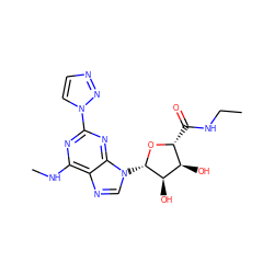 CCNC(=O)[C@H]1O[C@@H](n2cnc3c(NC)nc(-n4ccnn4)nc32)[C@H](O)[C@@H]1O ZINC000034800822