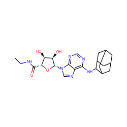 CCNC(=O)[C@H]1O[C@@H](n2cnc3c(NC4C5CC6CC(C5)CC4C6)ncnc32)[C@H](O)[C@@H]1O ZINC000653693865