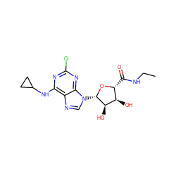 CCNC(=O)[C@H]1O[C@@H](n2cnc3c(NC4CC4)nc(Cl)nc32)[C@H](O)[C@@H]1O ZINC000096900871