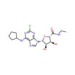 CCNC(=O)[C@H]1O[C@@H](n2cnc3c(NC4CCCC4)nc(Cl)nc32)[C@H](O)[C@@H]1O ZINC000003785135