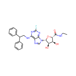 CCNC(=O)[C@H]1O[C@@H](n2cnc3c(NCC(c4ccccc4)c4ccccc4)nc(F)nc32)[C@H](O)[C@@H]1O ZINC000084708382