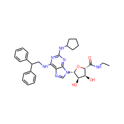 CCNC(=O)[C@H]1O[C@@H](n2cnc3c(NCC(c4ccccc4)c4ccccc4)nc(NC4CCCC4)nc32)[C@H](O)[C@@H]1O ZINC000027325171