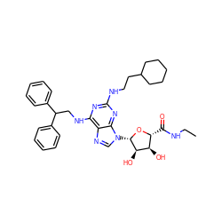 CCNC(=O)[C@H]1O[C@@H](n2cnc3c(NCC(c4ccccc4)c4ccccc4)nc(NCCC4CCCCC4)nc32)[C@H](O)[C@@H]1O ZINC000029127097