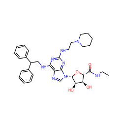 CCNC(=O)[C@H]1O[C@@H](n2cnc3c(NCC(c4ccccc4)c4ccccc4)nc(NCCN4CCCCC4)nc32)[C@H](O)[C@@H]1O ZINC000003973197