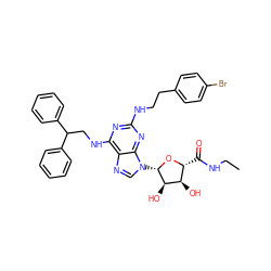 CCNC(=O)[C@H]1O[C@@H](n2cnc3c(NCC(c4ccccc4)c4ccccc4)nc(NCCc4ccc(Br)cc4)nc32)[C@H](O)[C@@H]1O ZINC000084713216