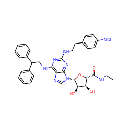 CCNC(=O)[C@H]1O[C@@H](n2cnc3c(NCC(c4ccccc4)c4ccccc4)nc(NCCc4ccc(N)cc4)nc32)[C@H](O)[C@@H]1O ZINC000084713213