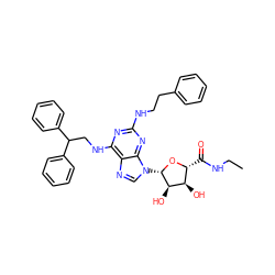 CCNC(=O)[C@H]1O[C@@H](n2cnc3c(NCC(c4ccccc4)c4ccccc4)nc(NCCc4ccccc4)nc32)[C@H](O)[C@@H]1O ZINC000084713210