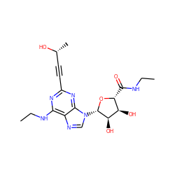 CCNC(=O)[C@H]1O[C@@H](n2cnc3c(NCC)nc(C#C[C@@H](C)O)nc32)[C@H](O)[C@@H]1O ZINC000034800745