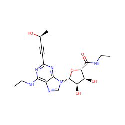 CCNC(=O)[C@H]1O[C@@H](n2cnc3c(NCC)nc(C#C[C@H](C)O)nc32)[C@H](O)[C@@H]1O ZINC000034800721