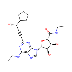 CCNC(=O)[C@H]1O[C@@H](n2cnc3c(NCC)nc(C#C[C@H](O)C4CCCC4)nc32)[C@H](O)[C@@H]1O ZINC000034800758