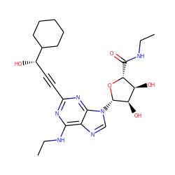 CCNC(=O)[C@H]1O[C@@H](n2cnc3c(NCC)nc(C#C[C@H](O)C4CCCCC4)nc32)[C@H](O)[C@@H]1O ZINC000034800728