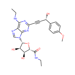 CCNC(=O)[C@H]1O[C@@H](n2cnc3c(NCC)nc(C#C[C@H](O)c4ccc(OC)cc4)nc32)[C@H](O)[C@@H]1O ZINC000034800746