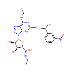 CCNC(=O)[C@H]1O[C@@H](n2cnc3c(NCC)nc(C#C[C@H](O)c4cccc([N+](=O)[O-])c4)nc32)[C@H](O)[C@@H]1O ZINC000034800716