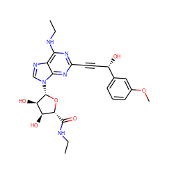 CCNC(=O)[C@H]1O[C@@H](n2cnc3c(NCC)nc(C#C[C@H](O)c4cccc(OC)c4)nc32)[C@H](O)[C@@H]1O ZINC000034800749