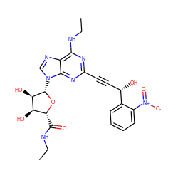 CCNC(=O)[C@H]1O[C@@H](n2cnc3c(NCC)nc(C#C[C@H](O)c4ccccc4[N+](=O)[O-])nc32)[C@H](O)[C@@H]1O ZINC000034800740