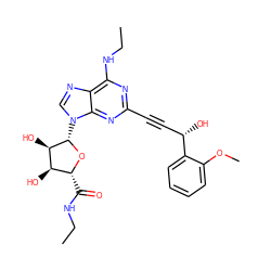 CCNC(=O)[C@H]1O[C@@H](n2cnc3c(NCC)nc(C#C[C@H](O)c4ccccc4OC)nc32)[C@H](O)[C@@H]1O ZINC000034800734