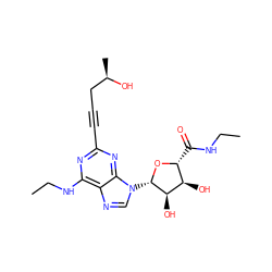 CCNC(=O)[C@H]1O[C@@H](n2cnc3c(NCC)nc(C#CC[C@@H](C)O)nc32)[C@H](O)[C@@H]1O ZINC000034800738