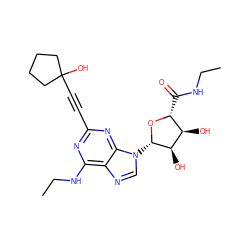 CCNC(=O)[C@H]1O[C@@H](n2cnc3c(NCC)nc(C#CC4(O)CCCC4)nc32)[C@H](O)[C@@H]1O ZINC000034800732