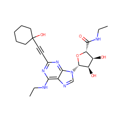 CCNC(=O)[C@H]1O[C@@H](n2cnc3c(NCC)nc(C#CC4(O)CCCCC4)nc32)[C@H](O)[C@@H]1O ZINC000034800733