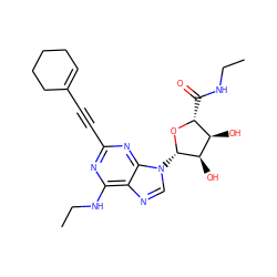 CCNC(=O)[C@H]1O[C@@H](n2cnc3c(NCC)nc(C#CC4=CCCCC4)nc32)[C@H](O)[C@@H]1O ZINC000034800727