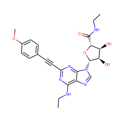 CCNC(=O)[C@H]1O[C@@H](n2cnc3c(NCC)nc(C#Cc4ccc(OC)cc4)nc32)[C@H](O)[C@@H]1O ZINC000034800744