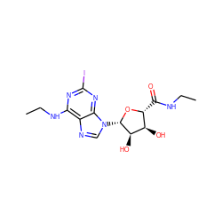 CCNC(=O)[C@H]1O[C@@H](n2cnc3c(NCC)nc(I)nc32)[C@H](O)[C@@H]1O ZINC000034800768