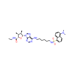 CCNC(=O)[C@H]1O[C@@H](n2cnc3c(NCCCCCCNS(=O)(=O)c4cccc5c(N(C)C)cccc45)ncnc32)[C@H](C)[C@@H]1C ZINC000096913442