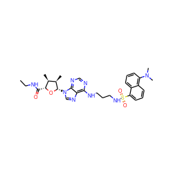 CCNC(=O)[C@H]1O[C@@H](n2cnc3c(NCCCNS(=O)(=O)c4cccc5c(N(C)C)cccc45)ncnc32)[C@H](C)[C@@H]1C ZINC000096913436