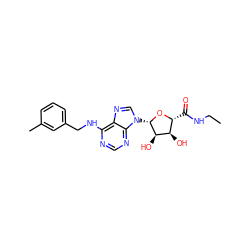 CCNC(=O)[C@H]1O[C@@H](n2cnc3c(NCc4cccc(C)c4)ncnc32)[C@H](O)[C@@H]1O ZINC000012405580