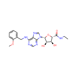 CCNC(=O)[C@H]1O[C@@H](n2cnc3c(NCc4ccccc4OC)ncnc32)[C@H](O)[C@@H]1O ZINC000012405581