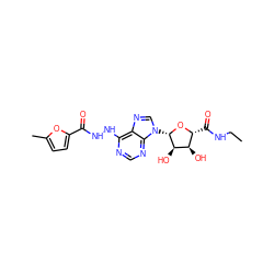 CCNC(=O)[C@H]1O[C@@H](n2cnc3c(NNC(=O)c4ccc(C)o4)ncnc32)[C@H](O)[C@@H]1O ZINC000029051016