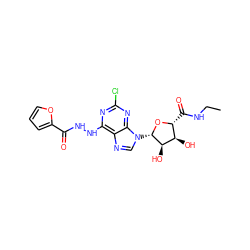 CCNC(=O)[C@H]1O[C@@H](n2cnc3c(NNC(=O)c4ccco4)nc(Cl)nc32)[C@H](O)[C@@H]1O ZINC000029051012