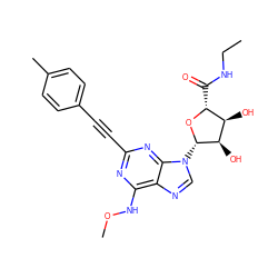 CCNC(=O)[C@H]1O[C@@H](n2cnc3c(NOC)nc(C#Cc4ccc(C)cc4)nc32)[C@H](O)[C@@H]1O ZINC000034800879