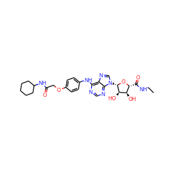 CCNC(=O)[C@H]1O[C@@H](n2cnc3c(Nc4ccc(OCC(=O)NC5CCCCC5)cc4)ncnc32)[C@H](O)[C@@H]1O ZINC000028647832