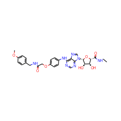 CCNC(=O)[C@H]1O[C@@H](n2cnc3c(Nc4ccc(OCC(=O)NCc5ccc(OC)cc5)cc4)ncnc32)[C@H](O)[C@@H]1O ZINC000028647829