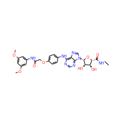 CCNC(=O)[C@H]1O[C@@H](n2cnc3c(Nc4ccc(OCC(=O)Nc5cc(OC)cc(OC)c5)cc4)ncnc32)[C@H](O)[C@@H]1O ZINC000028647812