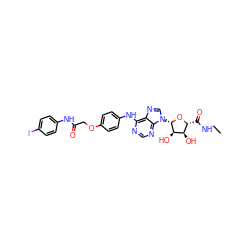 CCNC(=O)[C@H]1O[C@@H](n2cnc3c(Nc4ccc(OCC(=O)Nc5ccc(I)cc5)cc4)ncnc32)[C@H](O)[C@@H]1O ZINC000028647797