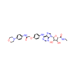 CCNC(=O)[C@H]1O[C@@H](n2cnc3c(Nc4ccc(OCC(=O)Nc5ccc(N6CCOCC6)cc5)cc4)ncnc32)[C@H](O)[C@@H]1O ZINC000028647819