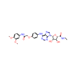 CCNC(=O)[C@H]1O[C@@H](n2cnc3c(Nc4ccc(OCC(=O)Nc5ccc(OC)c(OC)c5)cc4)ncnc32)[C@H](O)[C@@H]1O ZINC000028647809