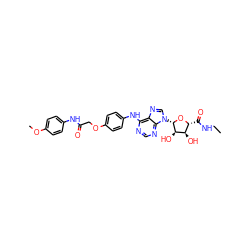 CCNC(=O)[C@H]1O[C@@H](n2cnc3c(Nc4ccc(OCC(=O)Nc5ccc(OC)cc5)cc4)ncnc32)[C@H](O)[C@@H]1O ZINC000028647805